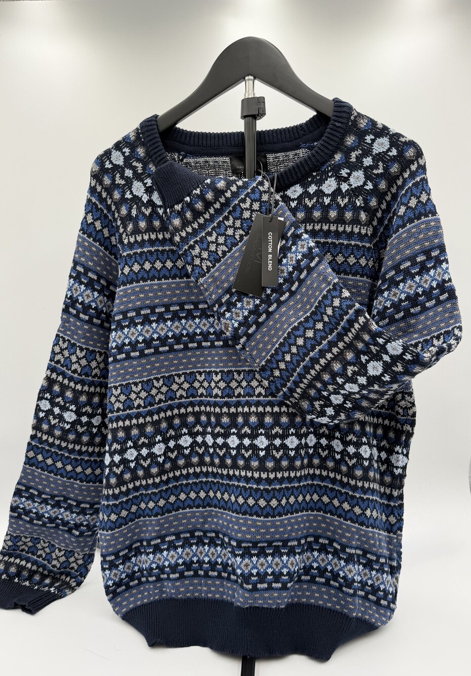 Magaschoni L/G Sweater Navy/Light Blue Combo Cotton Blend Multi Pattern Knit